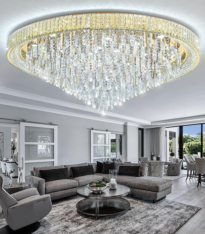 53.7'' Modern Crystal Big Large Chandeliers LED Dimmable Flush Mount Ceiling Chandeliers for Living Room High Ceiling Entrance Foyer Lobby Bedroom Gold