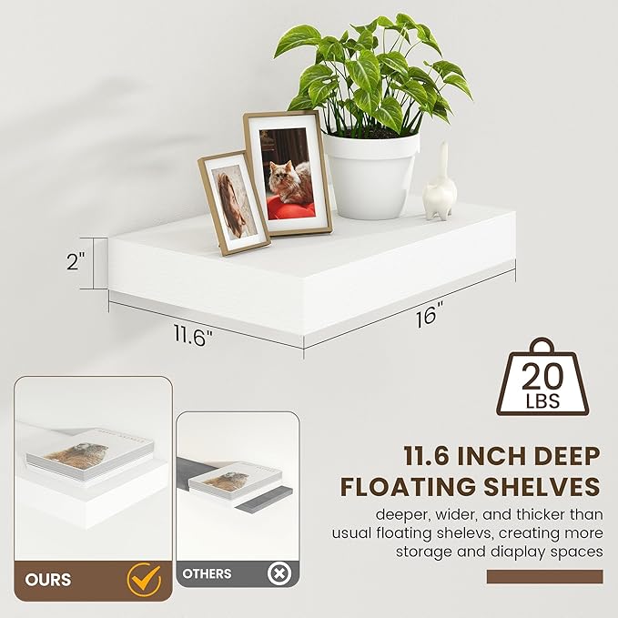 Deep Floating Shelves for Wall | 12 Inch Deep White Floating Shelves Set of 2 | 16W x 12D Rustic Wood Wide Wall Shelves | Bookshelf Laundry Shelf TV Shelf