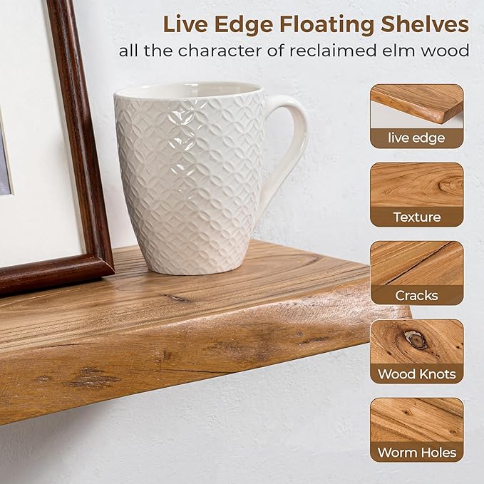 Axeman 24 inch Floating Shelves for Wall - 8'' D Live Edge Rustic Solid Elm Wood Floating Shelves Wall Mounted, Wall Shelves with Invisible Bracket for Living Room Bedroom Kitchen, Set of 2 Natural