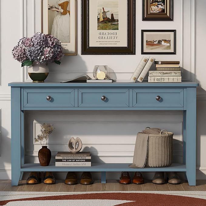 Farmhouse Modern Entryway Console Table 55.4'' Long Entry Sofa Table with Drawers & Storage Shelf for Living Room Hallway, Blue