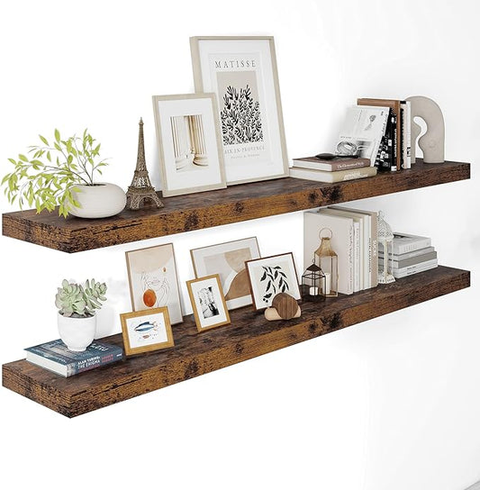 12" Deep Floating Shelves for Wall 55 Inches Long, Heavy Duty Wall Shelves for Bedroom Bathroom Kitchen Laundry Room, Farmhouse Rustic Shelves for Home Decor, 55" X 12" X 2" Set Of 2, Rustic Brown