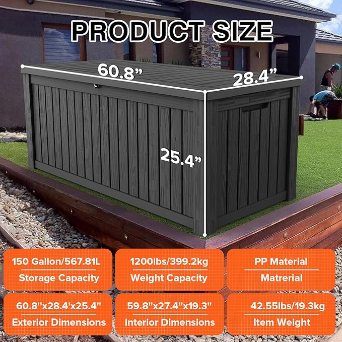 150 Gallon Double-Wall Resin Deck Box - Lockable Waterproof Outdoor Storage Box, 1000lbs Capacity & Doubles as Seating for Patio Furniture - Garden Tools, Pool Accessories (Black)