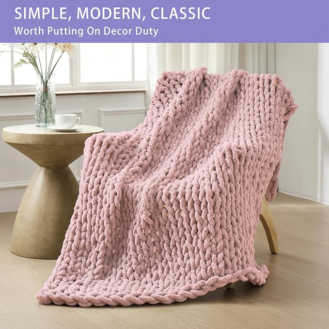 Bigacogo Chunky Knit Throw Blanket for Couch, 51x63 inches, 100% Hand Knitted with Thick Jumbo Chenille Yarn, Cozy Soft Large Rope Knot Cable Crochet Blankets for Sofa Bed Living Room, Dusty Pink