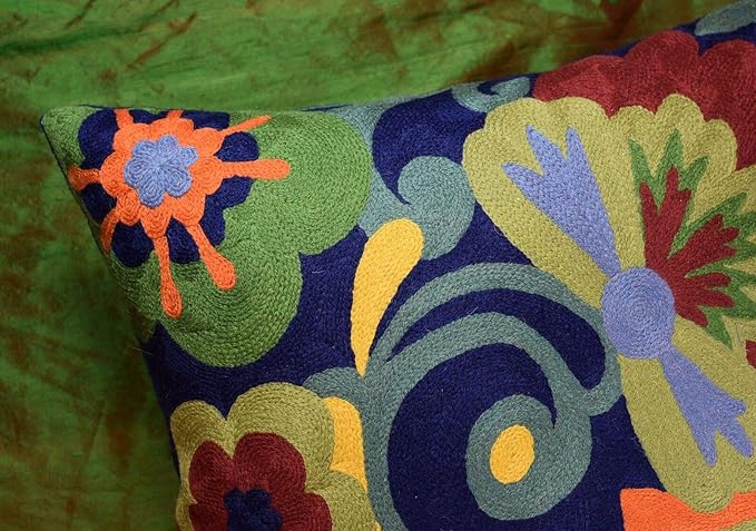 Blue Floral Pillow Cover | Navy Flower Throw Pillow | Outdoor Suzani Cushions | Hand Embroidered Chair Cushion | Wool Size - 18x18