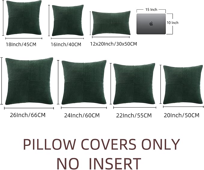 Fancy Homi Set of 2 Dark Green Boho Decorative Throw Pillow Covers 18x18 Inch for Living Room Couch Bed, Modern Farmhouse Forest Green Home Decor, Soft Textured Corduroy Corss Patchwork Cushion Case