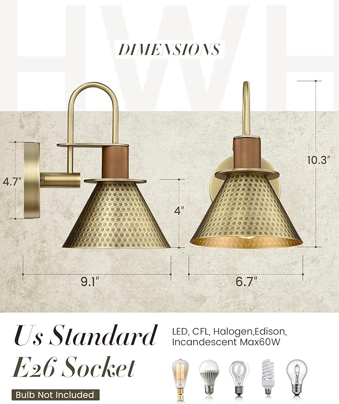 Barn Sconce Wall Lighting, HWH Gooseneck Wall Sconces Indoor Wall Lights, 1-Light Vanity Wall Lamp for Bathroom Bedroom Bedside Kitchen, Hammered Metal Shade, Antique Brass Finish, 5HZG74B BG