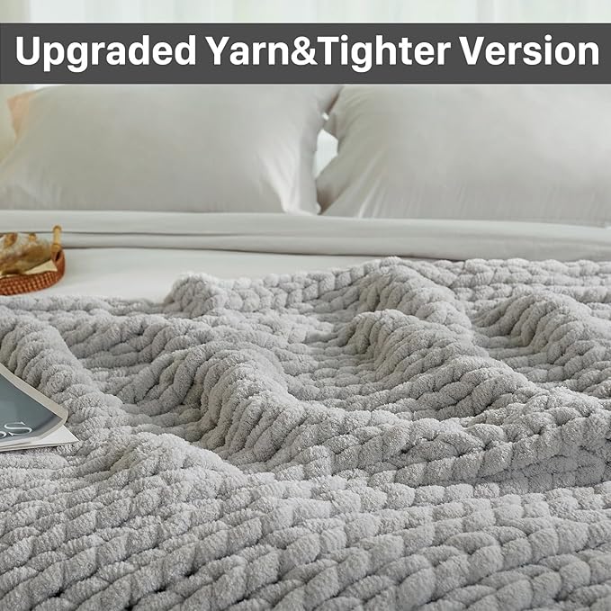Esterra Chunky Knit Throw Blanket Newly Upgraded Heavy Tighter Version, Handmade Chenille Throw Super Soft, Thick Yarn Cable Knit Crochet Throw Blanket for Couch Bed Sofa (50"x60" Light Grey)