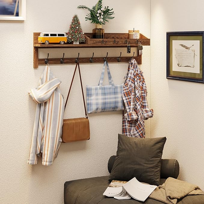 AMBIRD Coat Rack Wall Mount, 35 inch Large Wall Hooks with Shelf, Entryway Shelf with 7 Dual Coat Hooks 4 Key Hooks Mail Organizer, Wooden Coat Hanger and Key Holder Wall Mount