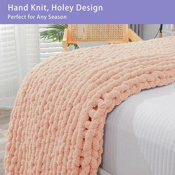 Bigacogo Chunky Knit Throw Blanket for Couch, 40x80 inches, 100% Hand Knitted with Thick Jumbo Chenille Yarn, Cozy Soft Large Rope Knot Cable Crochet Blankets for Sofa Bed Living Room, Peach Fuzz