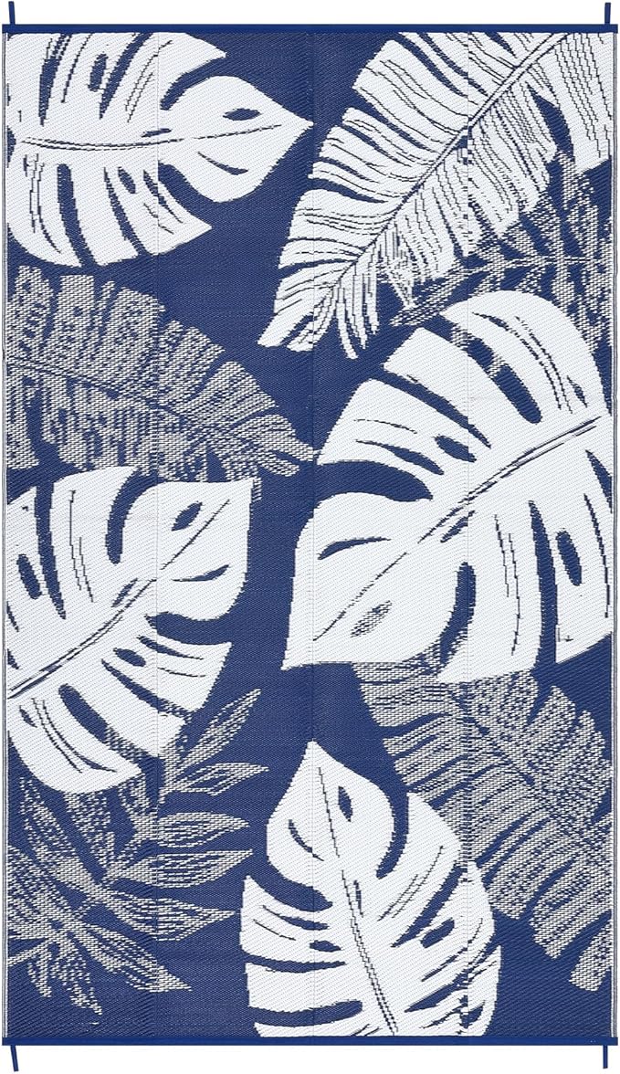 GAOMON Waterproof Plastic Straw Rug 9x12 Outdoor Patio Rugs, Reversible Modern Camping Mat with Bag & Stakes, UV Resistant & Easy to Clean Outdoor Carpet for RV, Deck, Balcony, Blue