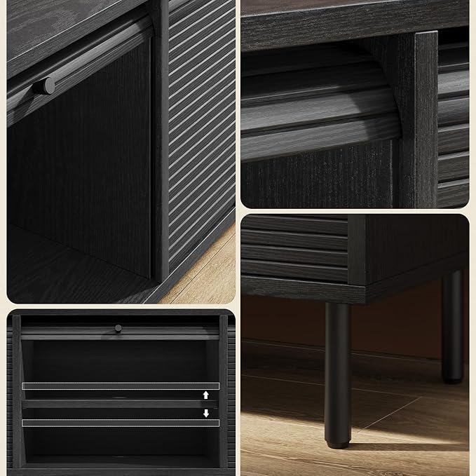 59 Inch TV Stand with Power Outlet for TVs up to 65 Inch, Entertainment Center with Storage, Mid-Century Modern TV Console, Adjustable Shelf & Sliding Doors, TV Stand for Living Room, Bedroom, Black