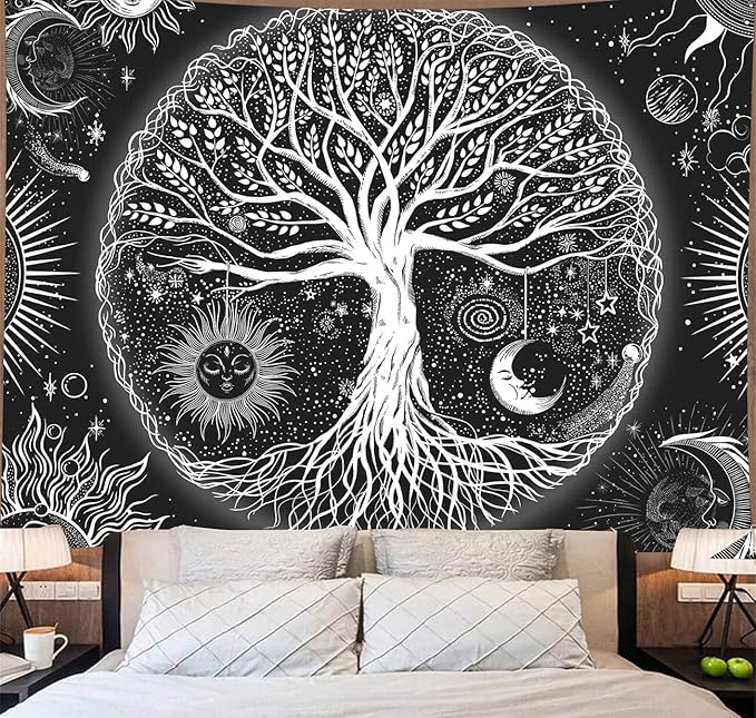 FORATER Tree of Life Tapestry Wall Hanging, Sun and Moon Aesthetic Wall Tapestry Black and White Tapestries Home Decor for Living Room Bedroom(61 x 82 Inch, Black and White)