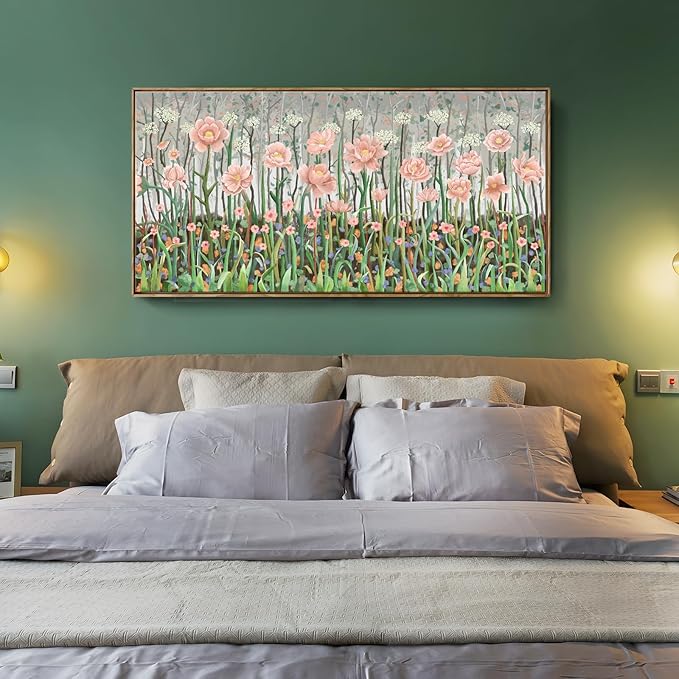 amatop Framed Large Floral Wall Art Modern Botanical Canvas Print Flower Field Wall Decor Abstract Landscape Picture Blooming Flower Forest Pink Green Artwork for Living Room Bedroom Office 48x24 in