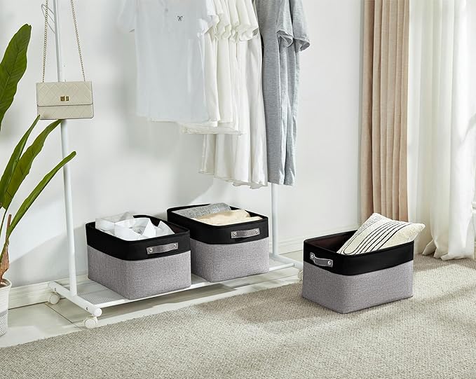 DECOMOMO Storage Baskets for Shelves - Fabric Closet Organizers and Storage Bins, Perfect Baskets for Organizing Closet Toys Nursery (Grey and Black, XL - 3 Pack)