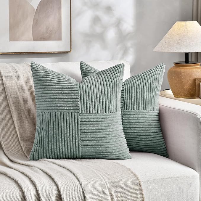 Fancy Homi 2 Packs Grey Blue Samll Decorative Throw Pillow Covers 14x14 Inch with for Couch Bed Sofa, Rustic Farmhouse Boho Home Decor, Soft Corss Patchwork Corduroy Square Cushion Case 35x35 cm