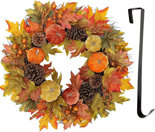 Fall Wreaths for Front Door 26'' Autumn Velvet Pumpkin Wreath with Metal Hook Large Harvest Maple Wreath Fall Decoration for Home Halloween Thanksgiving Decoration, Briful
