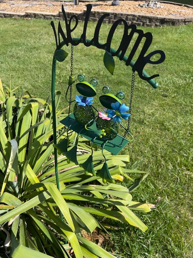 Frog Solar Light Garden Outdoor Decoration Swing Metal Stake Lamp with Welcome Sign Waterproof Patio Yard Decor Gifts-48 inch