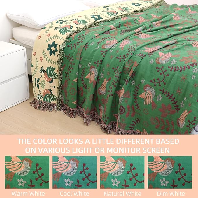Boho Throw Blanket for Bed, 100% Pure Cotton Ultra Soft Rustic Quilt, Farmhouse Decor Bed Blankets, All Season Rustic Throw for Sofa Couch Chair(80''x 90'', Bird B)