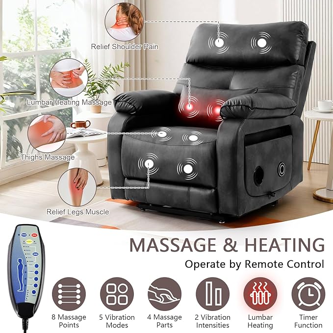 Dual Motor Power Lift Recliner Chair for Adult & Elderly, Infinite Position Lay Flat Lift Chair with Heat & Massage, Cup Holder, Lumbar Pillow, Wireless Charger, USB Ports, Leather (Silver Grey)