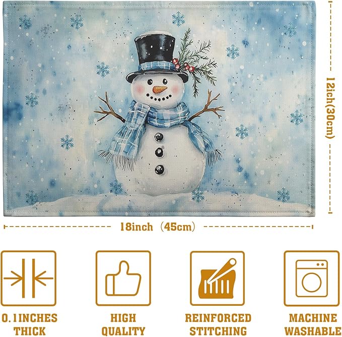 Blue Snowman Snowflake Winter Placemats Set of 4 Seasonal Christmas Linen Table Mats 12x18 Inch Xmas Holiday Snow Farmhouse Rustic Washable Place Mats for Party Kitchen Dining Outdoor Indoor Decor