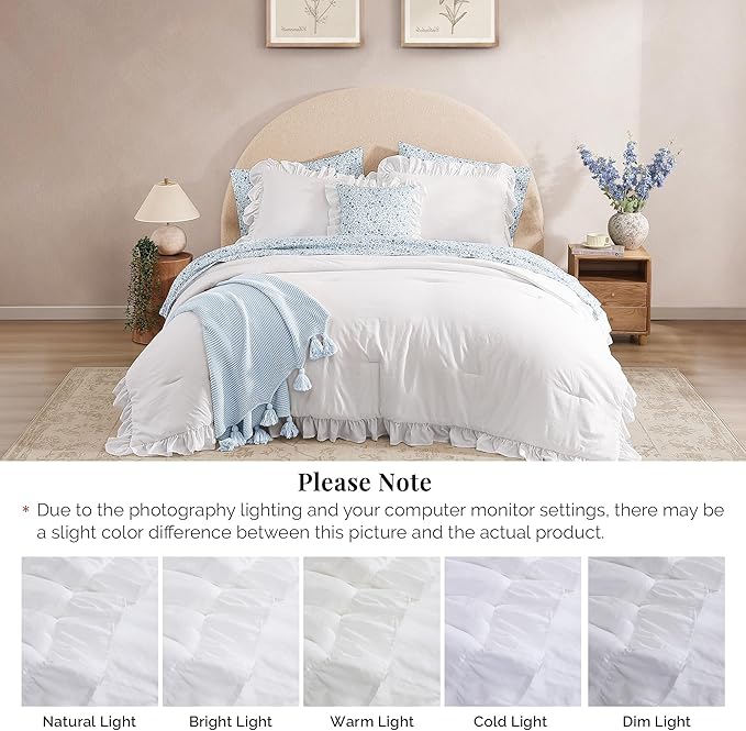 Full Comforter Set - 7 Pieces Ruffle White Bedding Sets, Shabby Chic Farmhouse Bed in a Bag Full with Ruffle Comforter, Floral Sheets, Pillowcases & Shams