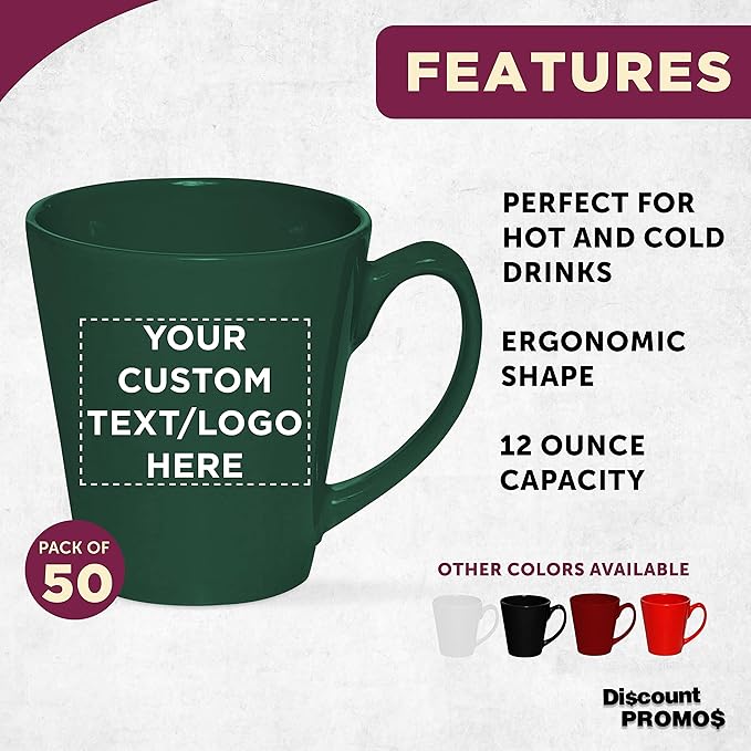 DISCOUNT PROMOS Custom Glossy Ceramic Latte Coffee Mug 12 oz. Set of 50, Personalized Bulk Pack - Perfect for Tea, Espresso, Cappuccino, Hot Cocoa - Green