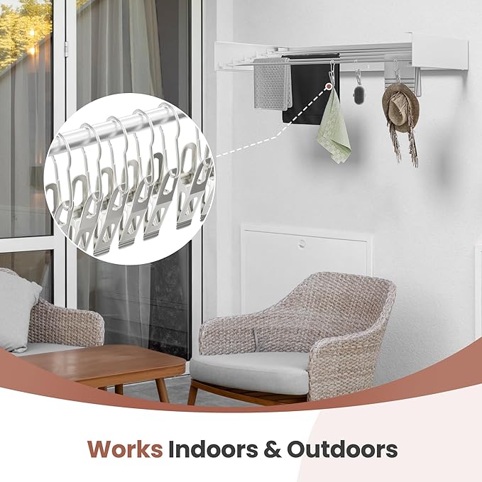 Foldable Wall-Mounted Drying Rack, Heavy-Duty 60 lb Capacity – Space-Saving Folding Laundry Hanger with 10 Clips, Rust-Proof Aluminium Clothes Dryer for Indoor & Outdoor Use