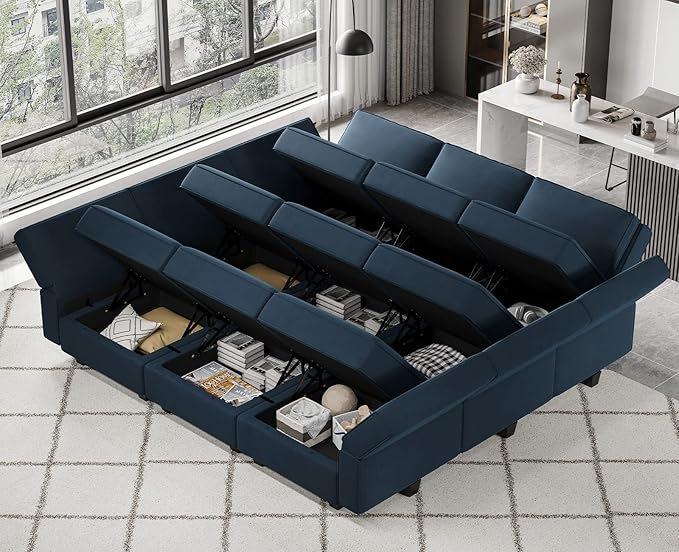 Belffin Modular Sectional Sofa with Ottomans Velvet Reversible Sleeper Sectional Sofa with Chaise Modular Sleeper Sofa Bed with Storage Seat Blue