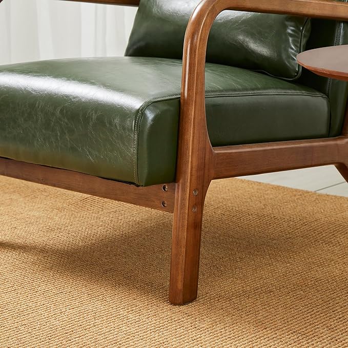 Glitzhome 2 Set Mid Century Hunter Green Accent Armchair, Single Reading Armchair PU Leather Lounge Chair with Walnut Ruberwood Frame