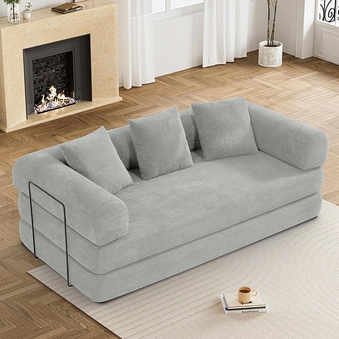 Convertible Sleeper Sofa Bed with Pillow, 4-in-1 Corduroy Folding Mattress Couch with Fixed-Shape Frame, Futon Fold Out Floor Sofa Cama Lounge Couch for Living Room Bedroom, Light Grey