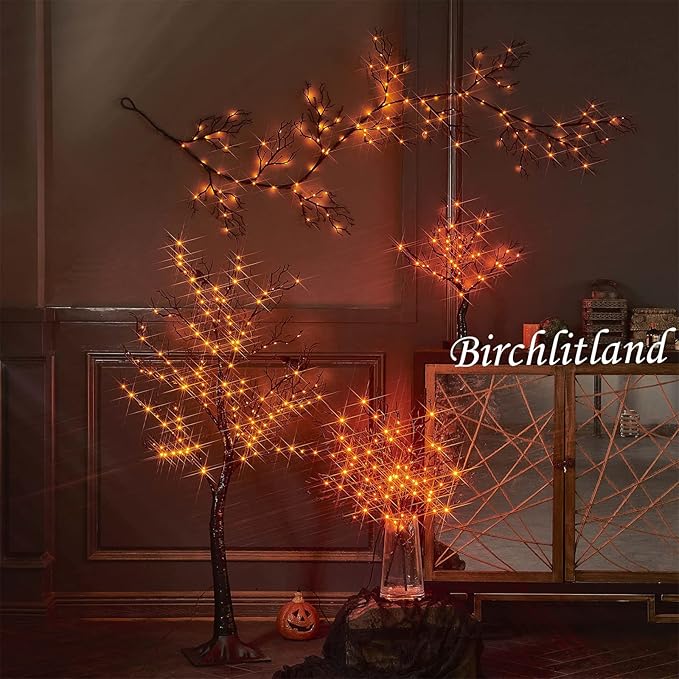 Birchlitland Halloween Lighted Garland 6FT 120L Orange and Purple Bi-Color LED Lights 8 Functions, Black Glittered Garland Lights Battery Operated for Indoor and Outdoor Halloween Party Decoration