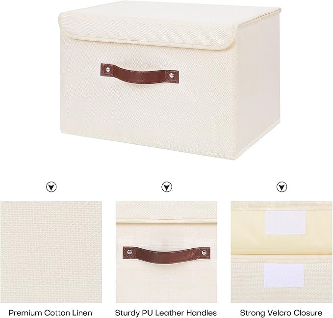 ANMINY 4PCS Storage Bins with Lid PU Leather Handles Storage Boxes PP Plastic Board Decorative Foldable Lidded Cotton Linen Fabric Home Cubes Baskets Closet Organizer Containers - Beige, Large Size