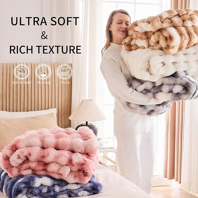 Cozy Faux Fur Throw Blanket for Couch-Warm Fuzzy Throw Blanket, Soft Plush Thick Bubble Blankets for Bedroom and Living Room, Furry Luxury Blanket, 90 x 90, Tie-Dye Pink