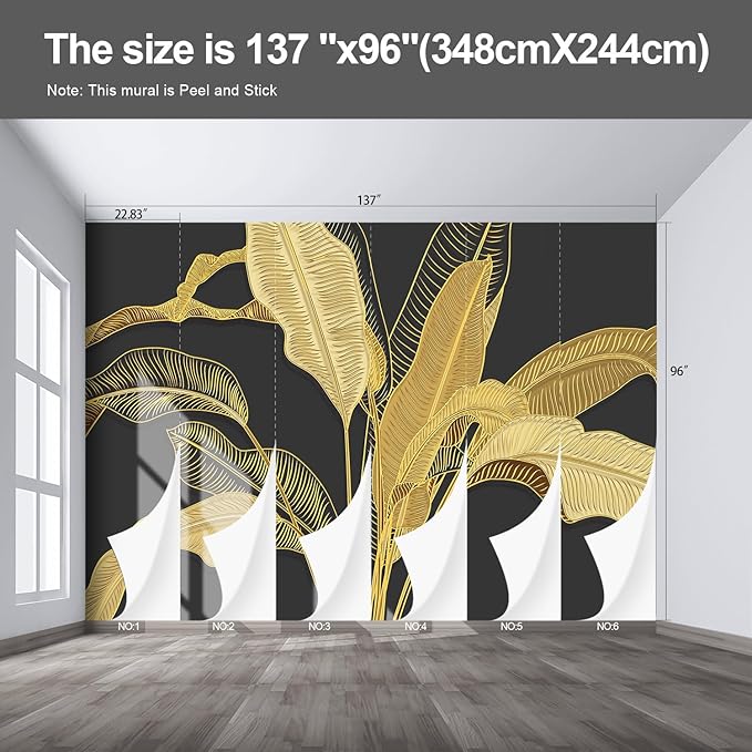 Gold Banana Leaf Wall murals Peel and Stick Wallpaper for Bedroom Living Room - 96"x137"