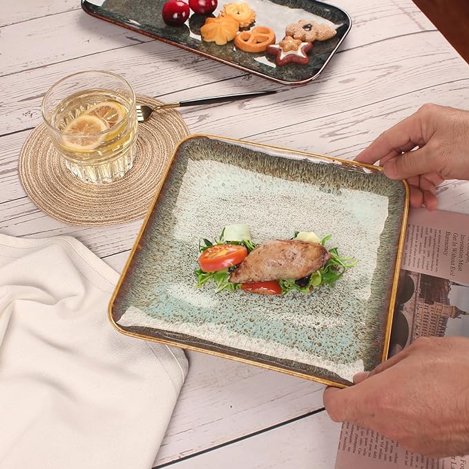 Ceramic Dinner Plates Dish Set,Set of 4,for Lunch snacks -Microwave Oven & Dishwasher Safe,Scratch Resistant,Dinnerware Kitchen Porcelain Serving Dishes,9 inch Square