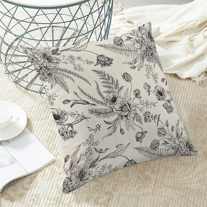 CXMEIFLY Spring Floral Leaves Pillow Covers 16 x 16 Inch Set of 2 for Chinoiserie Flowers Decor Throw Pillows Black and White Seasonal Plant Outdoor Decorative Cushion Cases for Couch Bed Decorations