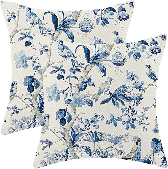 CXMEIFLY Navy Blue Spring Floral Pillow Covers 18 x 18 Inch Set of 2 for Chinoiserie Flowers Bird Decor Throw Pillows Vintage Plant Outdoor Decorative Cushion Cases for Couch Bed Decorations