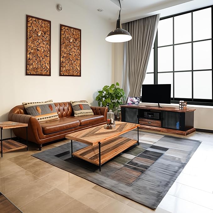 CONSDAN StoneCreek 4 Pieces Fir Living Room Table Set, Solid Fir Wood, Includes 65 inch TV Stand, Coffee Table& Two End Tables