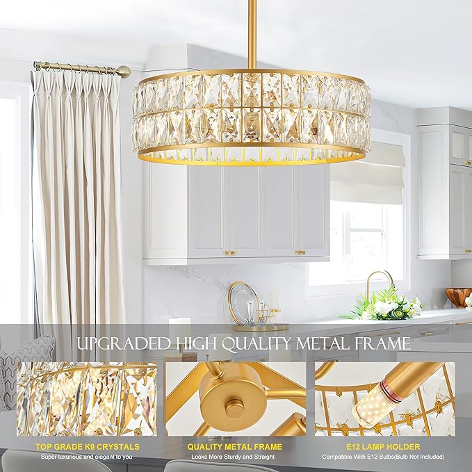 16” 4-Light Modern Crystal Chandeliers Gold Dinning Room Light Fixture, Round Pendant Light Kitchen Island Chandelier, Flush Mount Ceiling Light for Living Room Entryway Bedroom Foyer