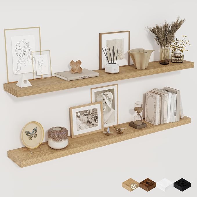 Fun Memories 48 Inch Floating Shelves for Wall, Set of 2 – Rustic Wood Wall-Mounted Shelves with Invisible Brackets for Bedroom, Bathroom, Kitchen – Storage, Books, or Decor, Oak