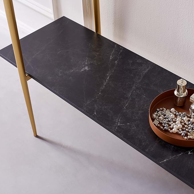 Glass Console Table for Living Room, Foyer & Entrance, 2-Tiers Mid-Century Modern Sofa Table with Grey Glass Top, Black Marble Finish Wood Shelf and Gold Finish Frame