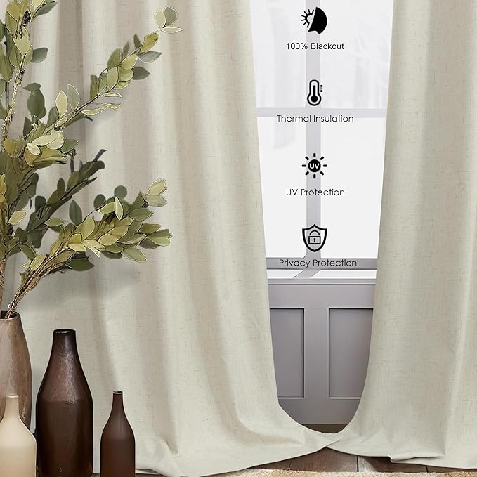 Beige Linen Curtains Boho Textured 100% Blackout Burlap Curtains 86 Inch Length 2 Panels Set Thermal Insulated Country Curtain for Living Room Bedroom Darkening Rustic Farmhouse Drape 52x86 Long