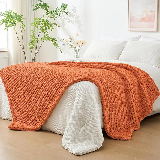 Bigacogo Chunky Knit Throw Blanket for Couch, 51x63 inches, 100% Hand Knitted with Thick Jumbo Chenille Yarn, Cozy Soft Large Rope Knot Cable Crochet Blankets for Sofa Bed Living Room, Terracotta
