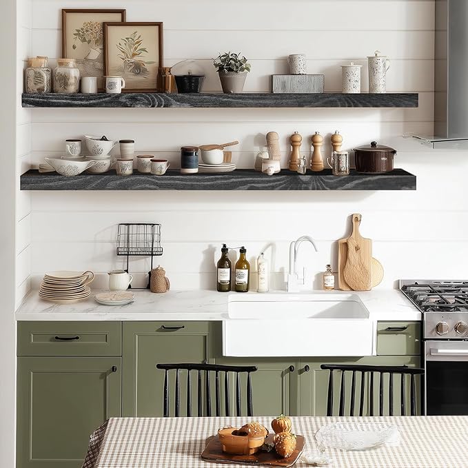 36"x6.8"x1.2" Solid Wood Floating Shelves 2-Pack - Rustic Black Finish with Hidden Brackets, Perfect for Storage and Décor in Living Room, Kitchen, Bedroom