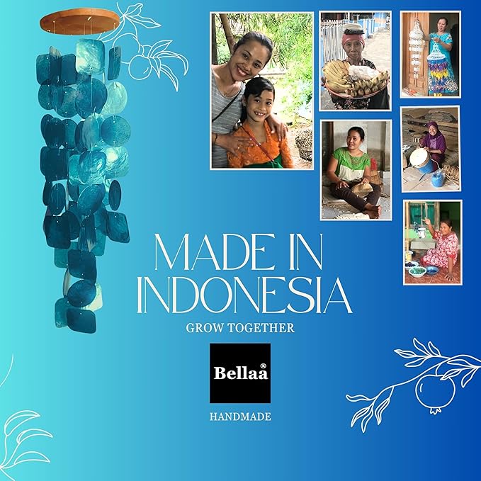 Bellaa 22913 Wind Chimes Outdoor, Garden Decorations, Musical, Indoor/Outside Windchimes, Beach, Ocean Breeze, Gifts for Mom, Gift for All Occasions, Capiz Sea Glass Shells Wood White 27 inch