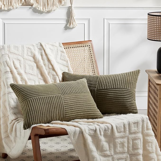 Fancy Homi 2 Packs Olive Green Lumbar Decorative Throw Pillow Covers 14x24 Inch for Couch Bed, Farmhouse Boho Home Decor, Soft Striped Corduroy Rectangle Accent Cushion Case 35x60 cm