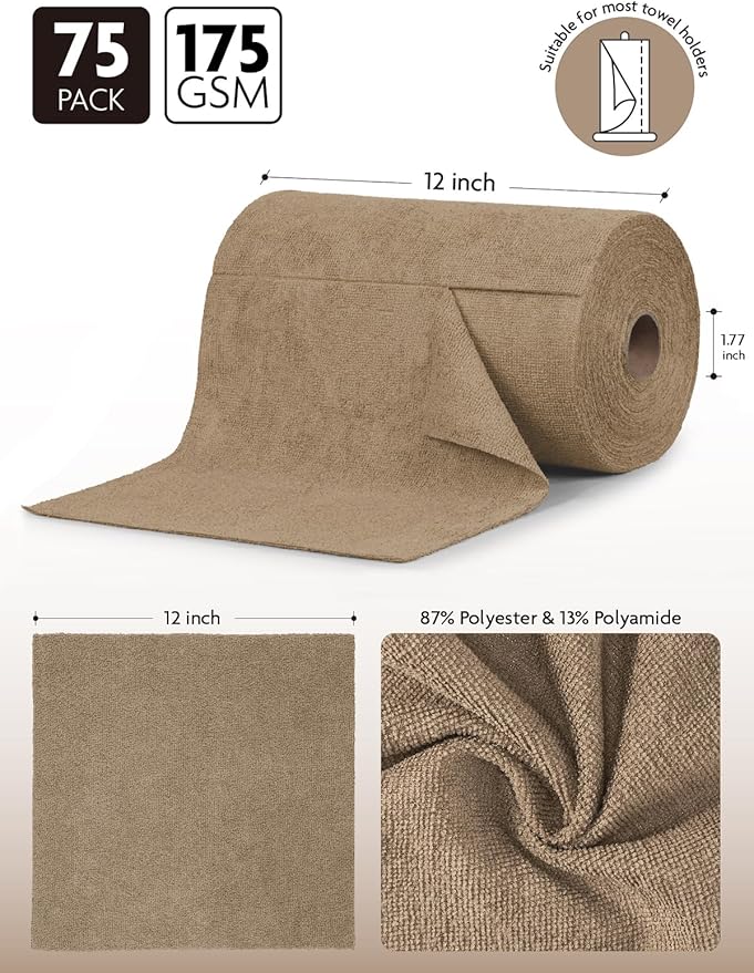 Fantasticlean Microfiber Cleaning Cloth Roll -75 Pack, Tear Away Microfiber Towels, 12" x 12", Reusable, Washable, Scratch Free, Ultra Absorbent Dish Rags for Car, Home, Garage or Shop (TAN)