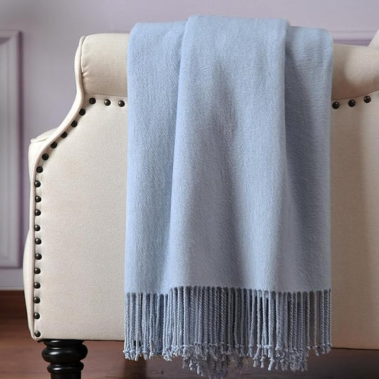 CUDDLE DREAMS Silk Throw Blanket with Hand-Knotted Fringe, Natural, Soft & Breathable (Ice Blue)