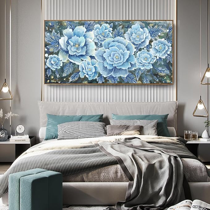 Extra Large Wall Art for Living Room, Framed Big Floral Blue Flower Canvas Print, Modern Oversized Blossom Peony Wall Picture Botanical Artwork for Dining Room Bedroom & Office Décor
