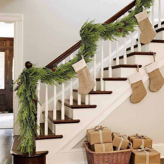 Artificial Norfolk Pine Garland - Faux Christmas Garland Fake Green Garland for Fireplace,Table, Stairs, Mantle, Window,Indoor Outdoor,Home,Holiday Decor (2 PCS,9 FT)